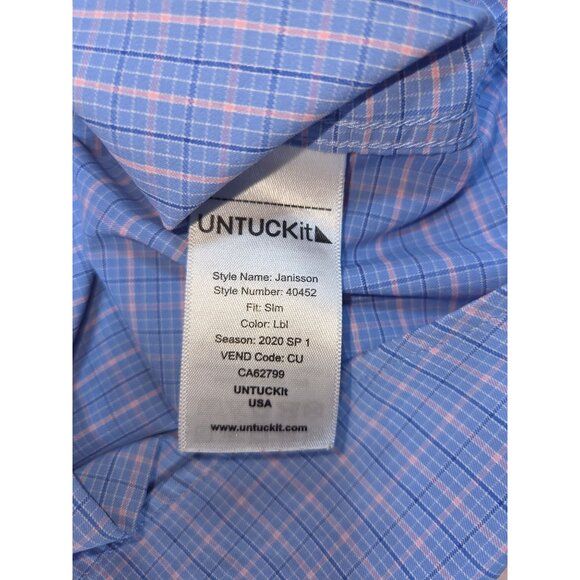 Untuckit Mens Medium Slim Fit Button-Down Shirt Blue & Pink Plaid Nylon/Elastane - Picture 6 of 7